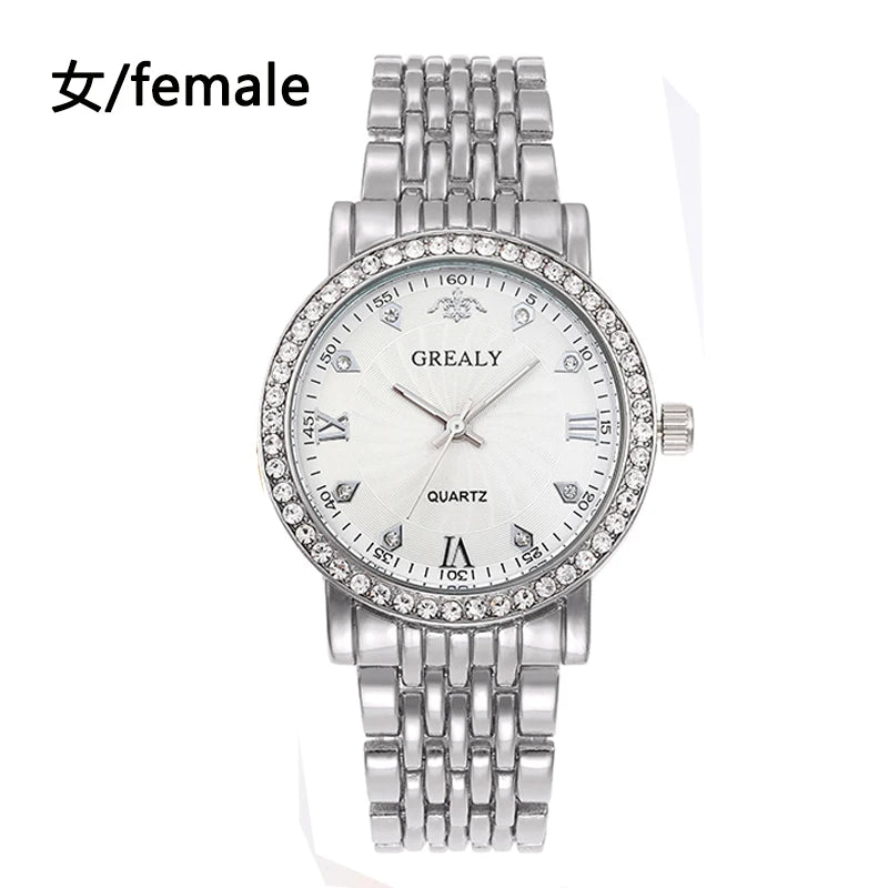 Steel Bracelet Set with Diamond-Encrusted , Couple Watch