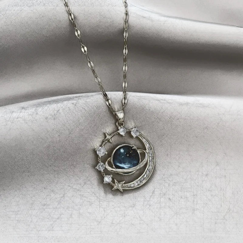 Exquisite Planet Light Exquisite Temperament Gorgeous Necklace Versatile Stars and Moon Stainless Steel Collarbone Chain Jewelry