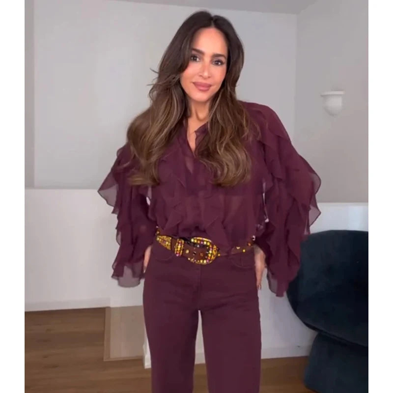 Ruffle Womens Sheer Casual Blouses