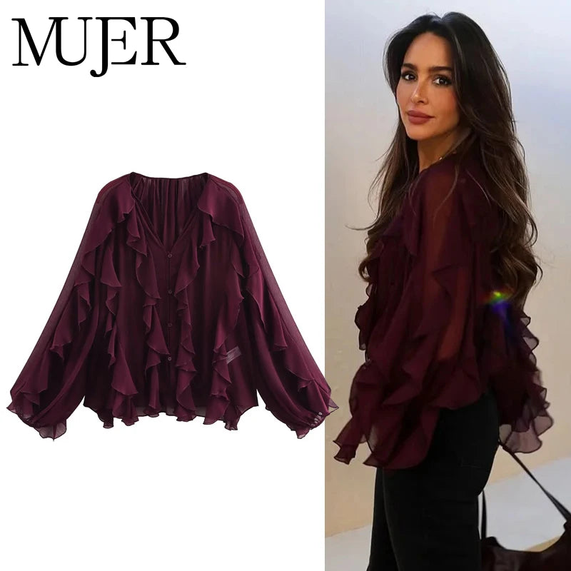 Ruffle Womens Sheer Casual Blouses