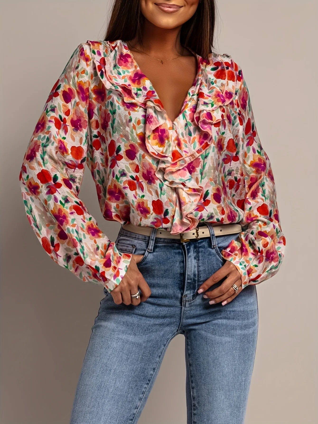 New V-neck Ruffled Printed Blouse  Sweet Fashion