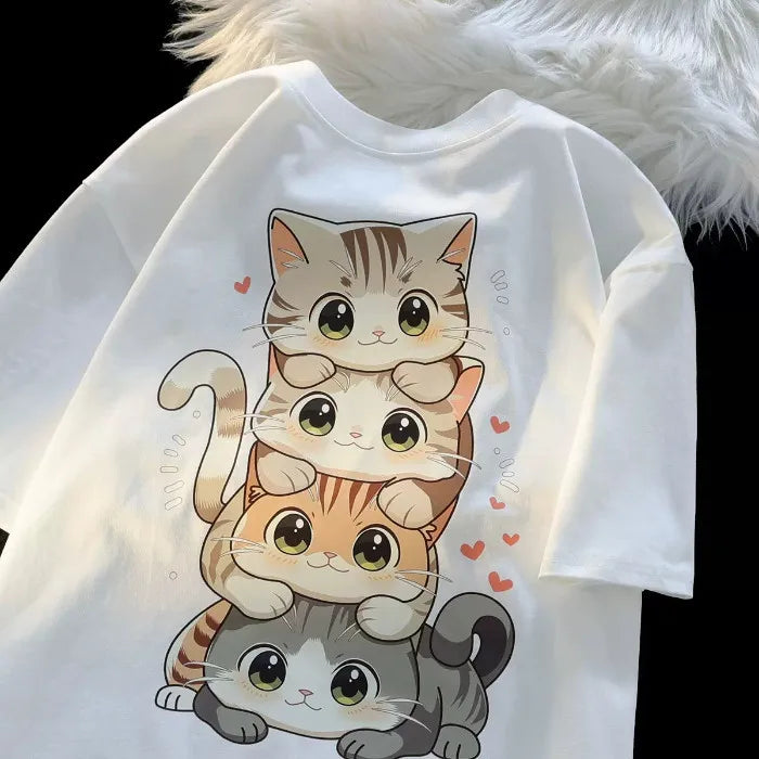 Cute Cartoon Cat Print T shirt