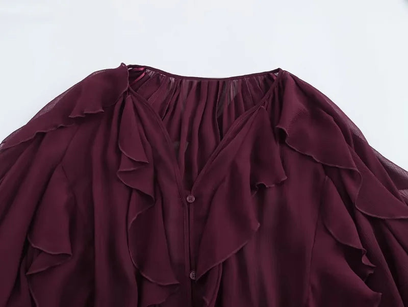 Ruffle Womens Sheer Casual Blouses