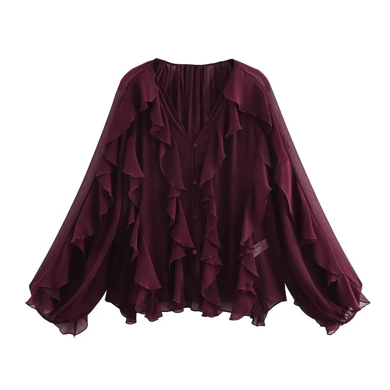 Ruffle Womens Sheer Casual Blouses