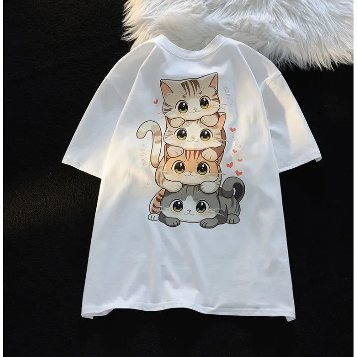 Cute Cartoon Cat Print T shirt