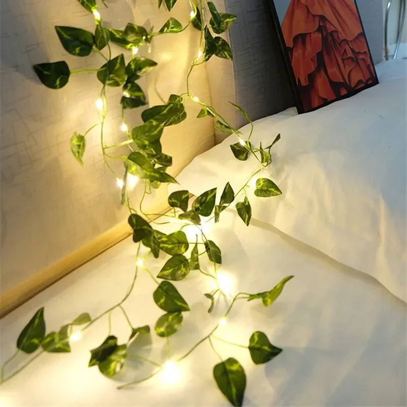 10M/5M/2M Green Leaf Fake Plants String Light Battery Powered Waterproof String Light For Wall House Room Office Birthday Decor