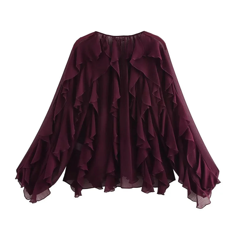 Ruffle Womens Sheer Casual Blouses