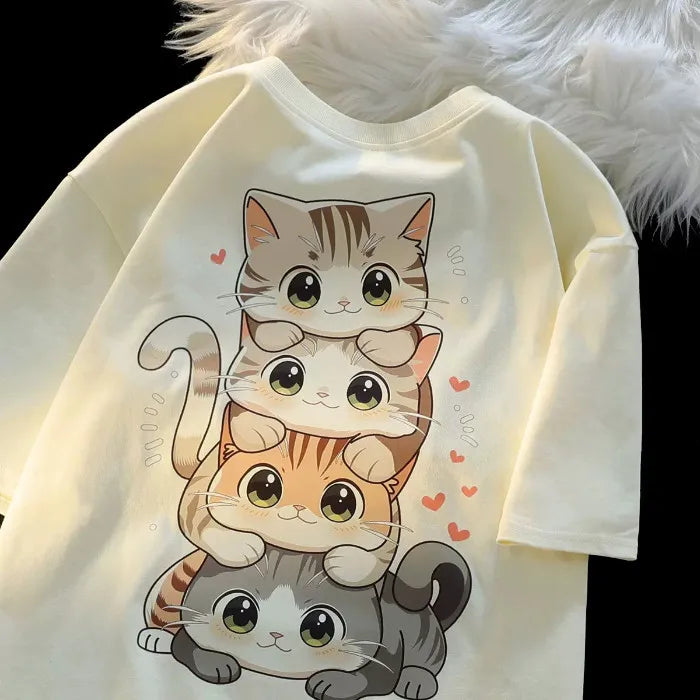 Cute Cartoon Cat Print T shirt