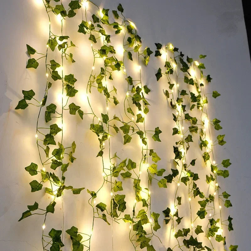 10M/5M/2M Green Leaf Fake Plants String Light Battery Powered Waterproof String Light For Wall House Room Office Birthday Decor