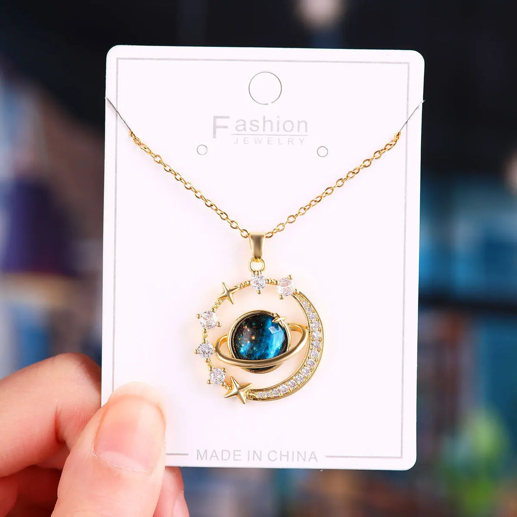 Exquisite Planet Light Exquisite Temperament Gorgeous Necklace Versatile Stars and Moon Stainless Steel Collarbone Chain Jewelry