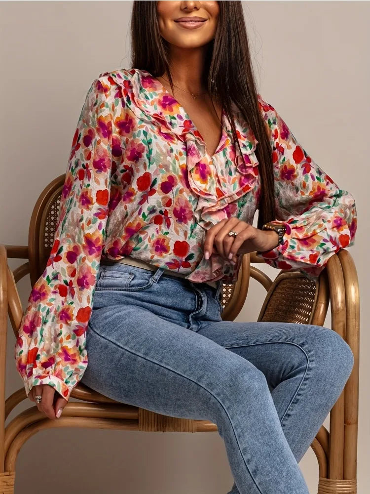 New V-neck Ruffled Printed Blouse  Sweet Fashion