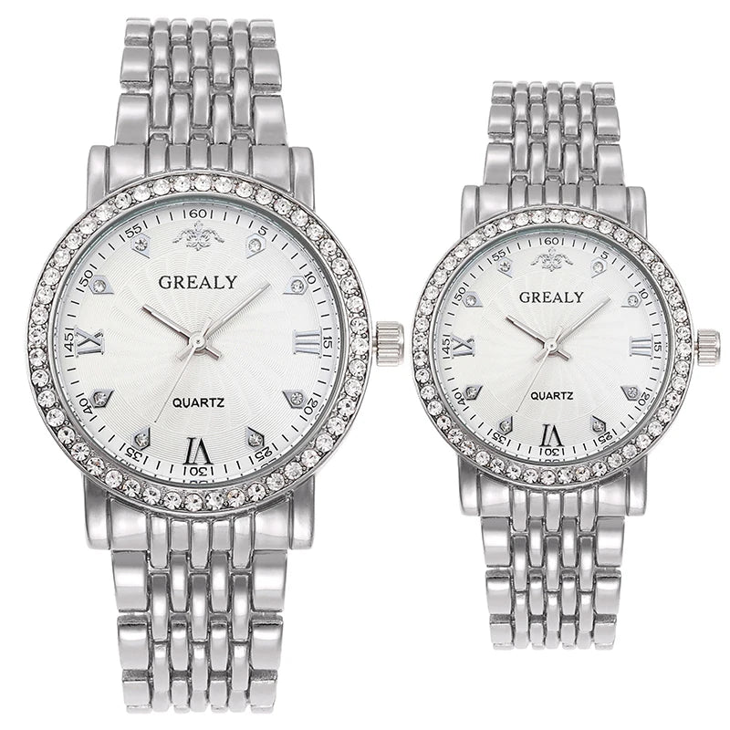 Steel Bracelet Set with Diamond-Encrusted , Couple Watch