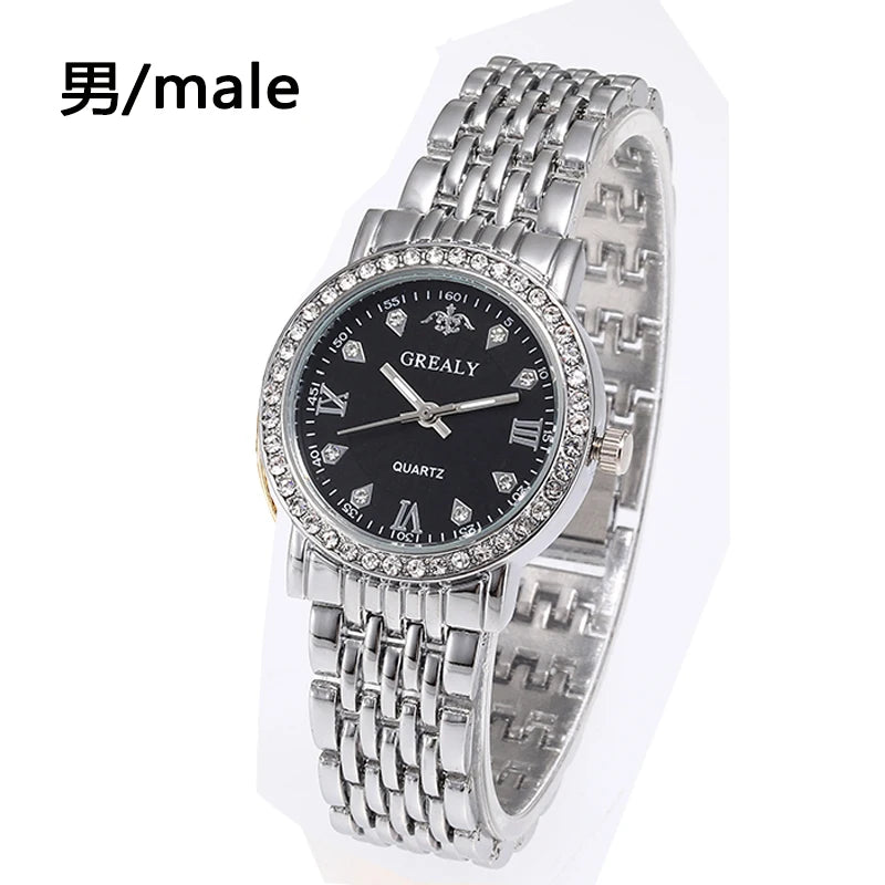 Steel Bracelet Set with Diamond-Encrusted , Couple Watch