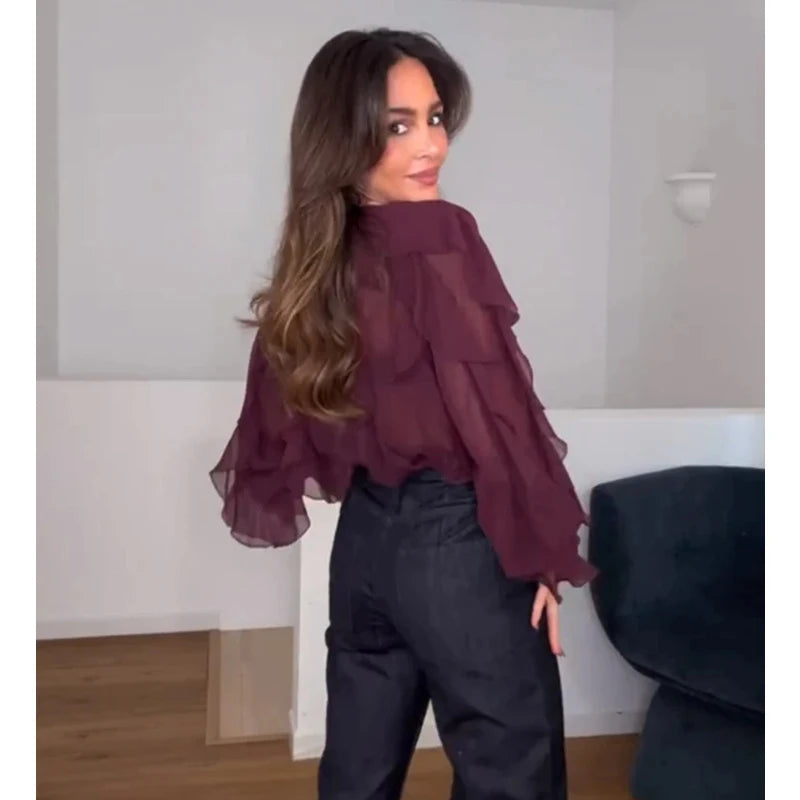 Ruffle Womens Sheer Casual Blouses