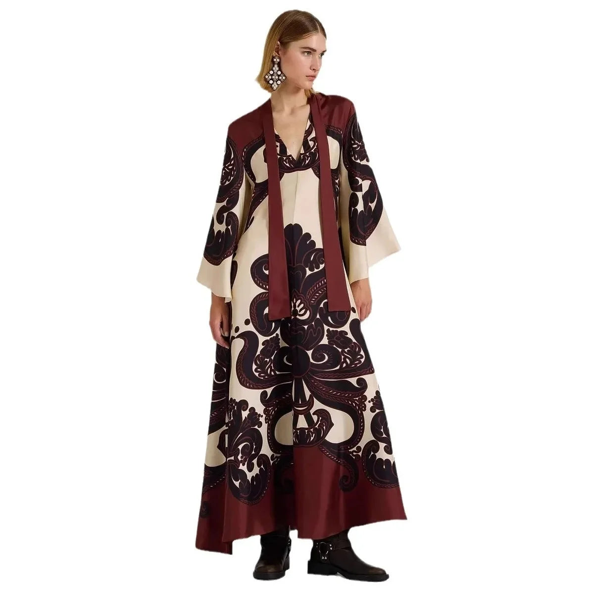 Middle East Ethnic Muslim Style Long Ankle Dress Women's Fashion Independent Station Cross-Border V-neck Bell Sleeve Dress
