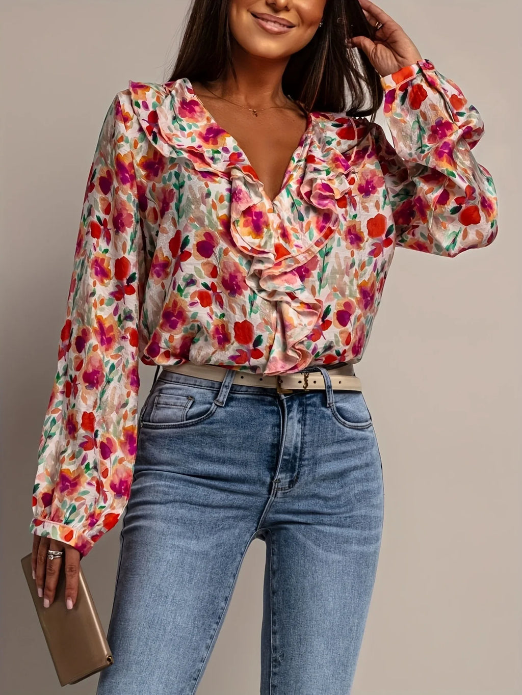 New V-neck Ruffled Printed Blouse  Sweet Fashion