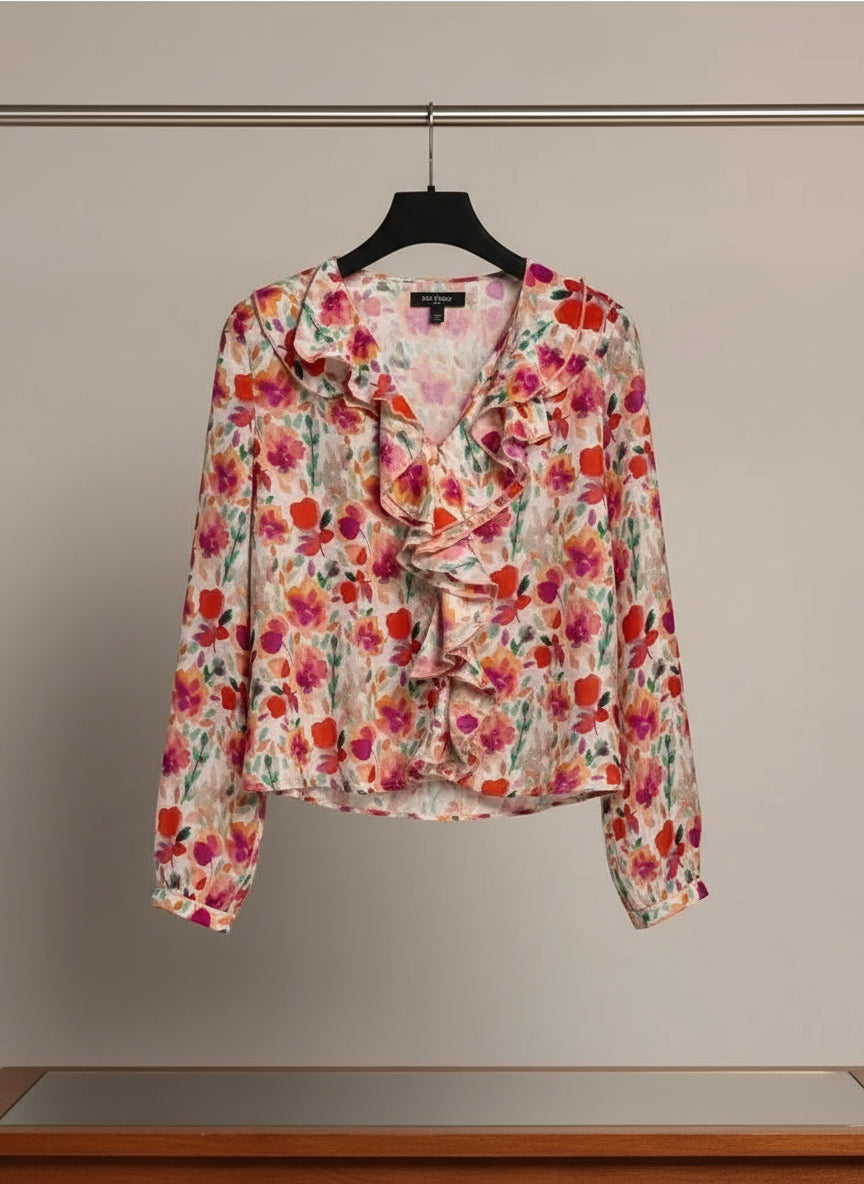 New V-neck Ruffled Printed Blouse  Sweet Fashion