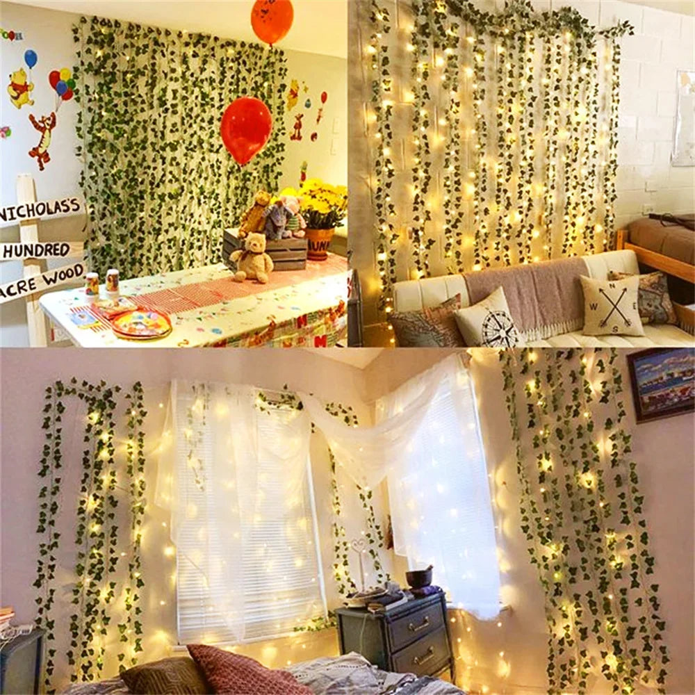 10M/5M/2M Green Leaf Fake Plants String Light Battery Powered Waterproof String Light For Wall House Room Office Birthday Decor