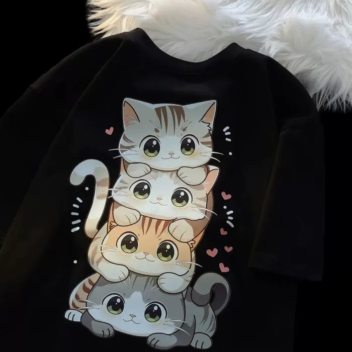 Cute Cartoon Cat Print T shirt
