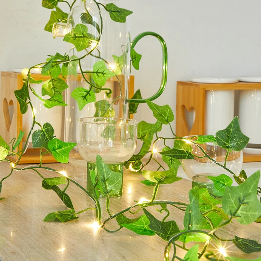 10M/5M/2M Green Leaf Fake Plants String Light Battery Powered Waterproof String Light For Wall House Room Office Birthday Decor