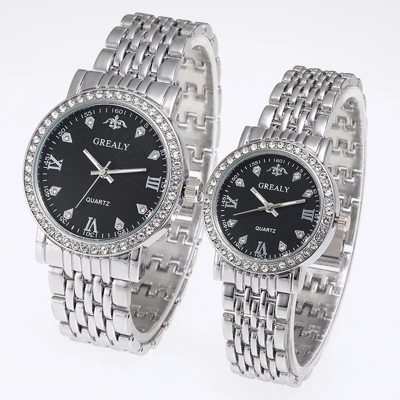 Steel Bracelet Set with Diamond-Encrusted , Couple Watch