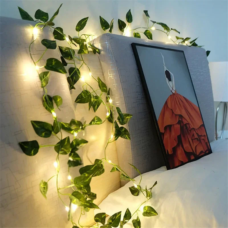 10M/5M/2M Green Leaf Fake Plants String Light Battery Powered Waterproof String Light For Wall House Room Office Birthday Decor