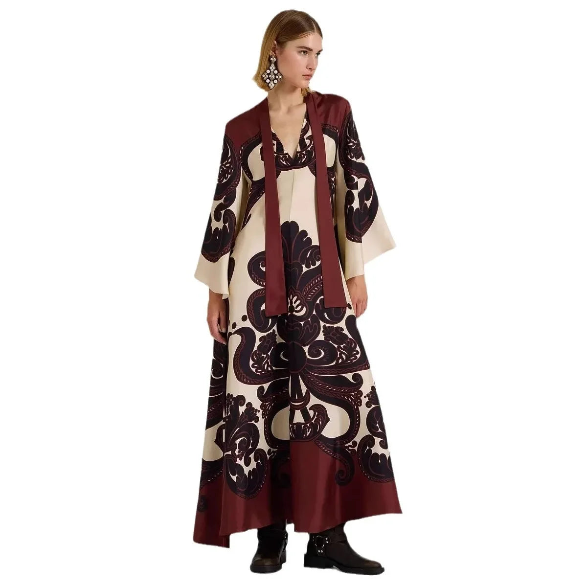 Middle East Ethnic Muslim Style Long Ankle Dress Women's Fashion Independent Station Cross-Border V-neck Bell Sleeve Dress