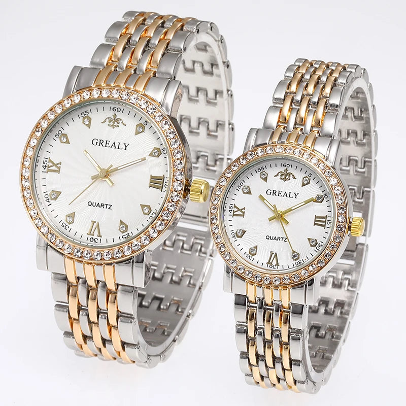 Steel Bracelet Set with Diamond-Encrusted , Couple Watch