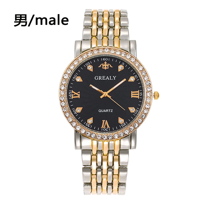 Steel Bracelet Set with Diamond-Encrusted , Couple Watch