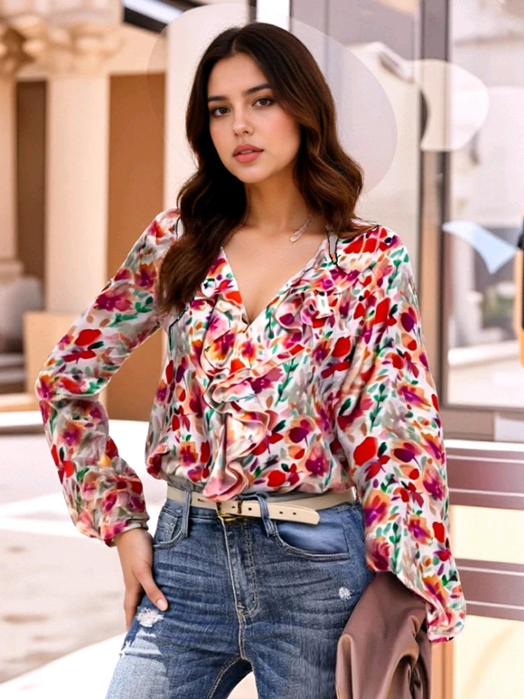 New V-neck Ruffled Printed Blouse  Sweet Fashion