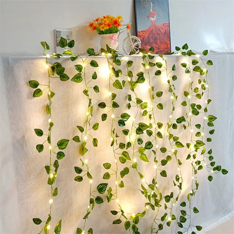 10M/5M/2M Green Leaf Fake Plants String Light Battery Powered Waterproof String Light For Wall House Room Office Birthday Decor