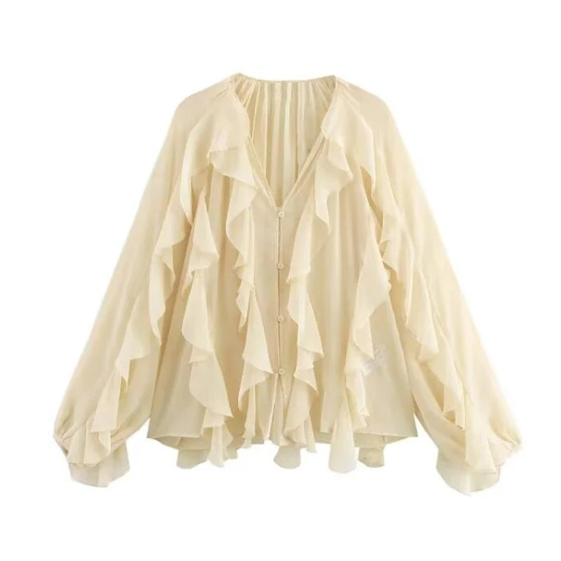 Ruffle Womens Sheer Casual Blouses