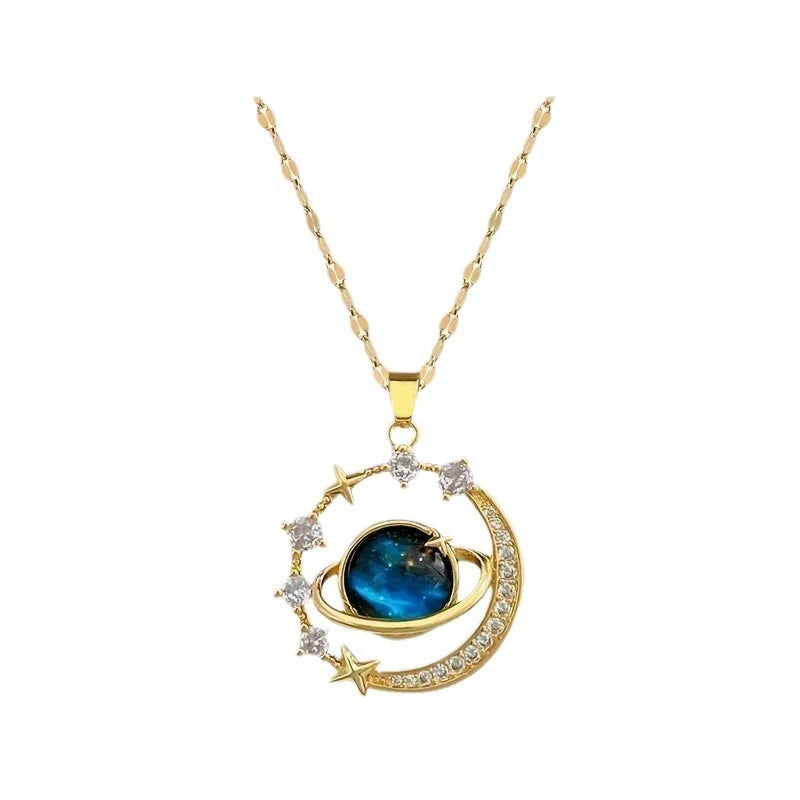 Exquisite Planet Light Exquisite Temperament Gorgeous Necklace Versatile Stars and Moon Stainless Steel Collarbone Chain Jewelry