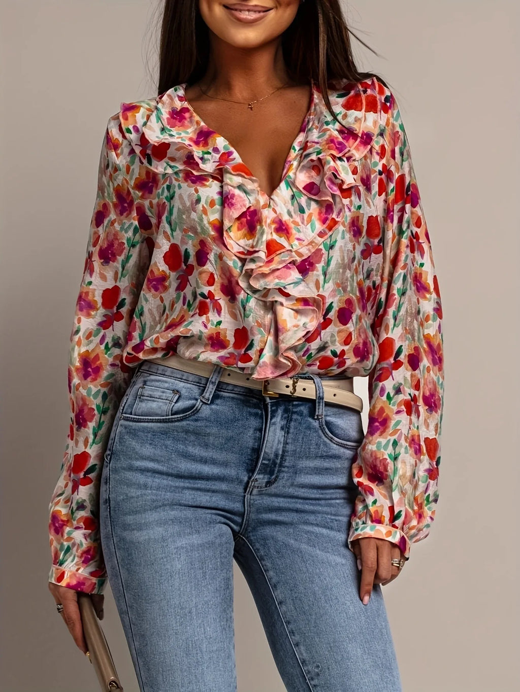 New V-neck Ruffled Printed Blouse  Sweet Fashion